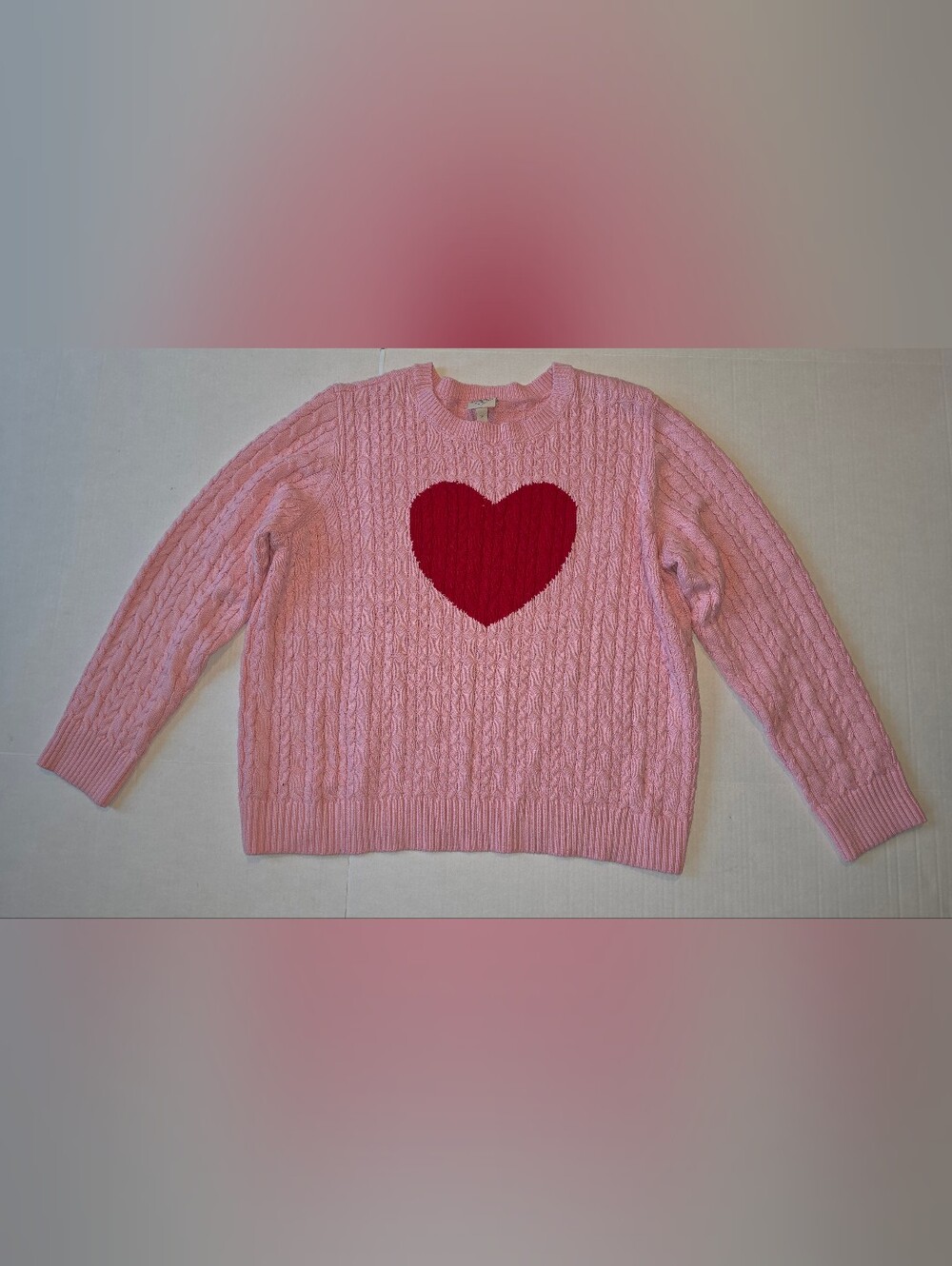 St. John's Bay Women's Pink Cable-Knit Crewneck Sweater w/Red Heart Motif Sz 2X